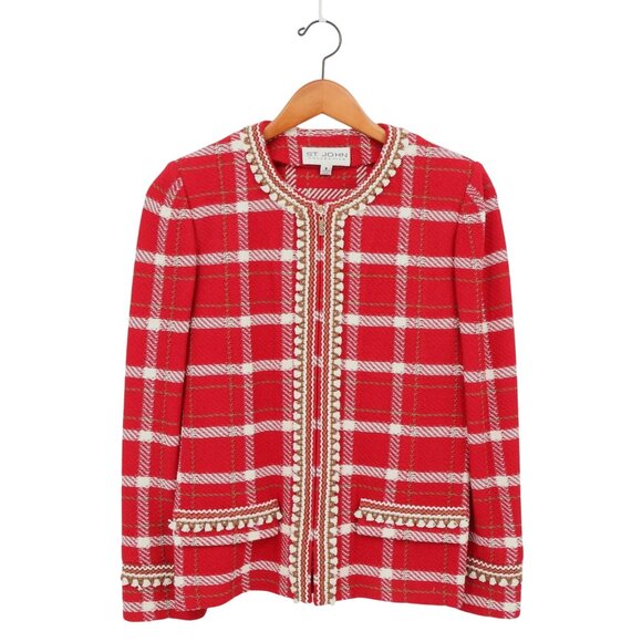 St. John Collection Santana Knit Red Ivory Plaid Zip Font Jacket 8